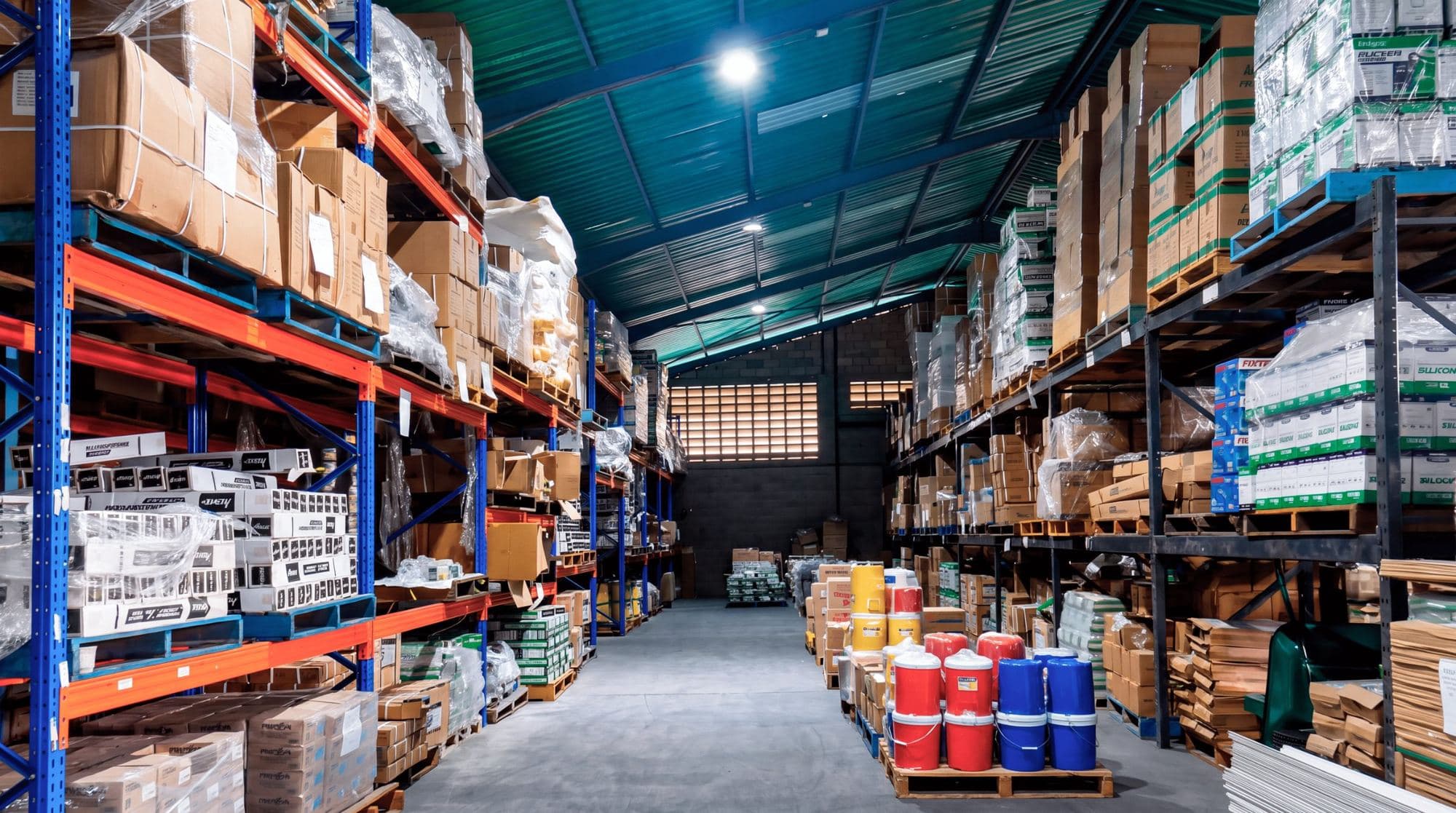Almacén mayorista de MMC, con estantería industrial cargada de mercancía ferretera